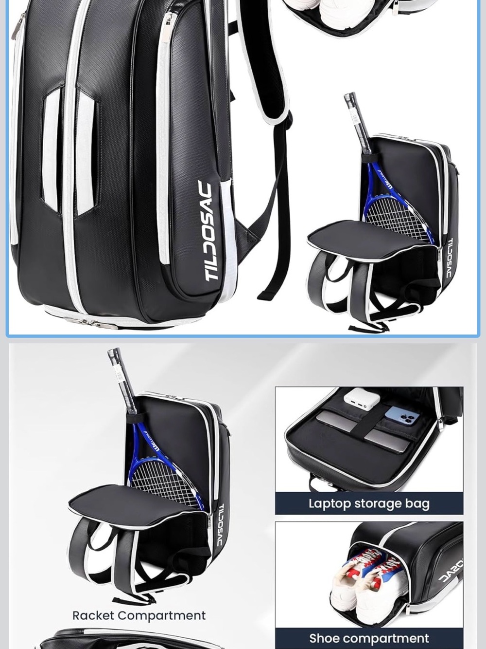 Black and White Men’s Sports and Tennis Bag